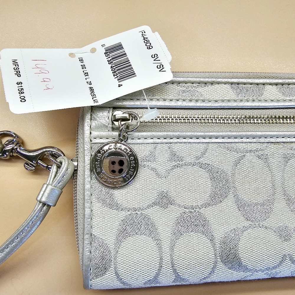 Coach, Silver Signature, zip around wallet/clutch with leather strap